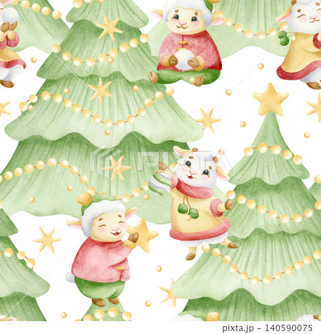 Happy baby lamb and goat decorating Christmas tree with stars watercolor seamless pattern on white. Cute cartoon animal characters in winter clothes for New year wrapping paper and holiday designs Happy baby lamb and goat decorating Christmas tree with stars watercolor seamless pattern on white. Cute cartoon animal characters in winter clothes for New year wrapping paper and holiday designs 140590075