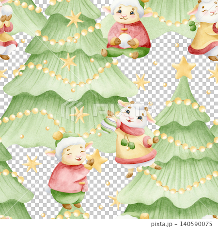 Happy baby lamb and goat decorating Christmas tree with stars watercolor seamless pattern on white. Cute cartoon animal characters in winter clothes for New year wrapping paper and holiday designs Happy baby lamb and goat decorating Christmas tree with stars watercolor seamless pattern on white. Cute cartoon animal characters in winter clothes for New year wrapping paper and holiday designs 140590075