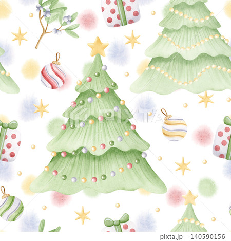 Christmas tree with baubles seamless pattern on white with pastel watercolor splashes for Happy New Year greetings and winter holiday paper. Simple drawing with mistletoe and hanging balls ornaments Christmas tree with baubles seamless pattern on white with pastel watercolor splashes for Happy New Year greetings and winter holiday paper. Simple drawing with mistletoe and hanging balls ornaments 140590156