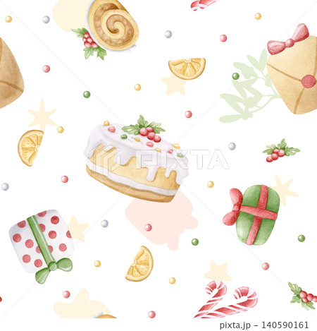 Watercolor Christmas desserts and presents seamless pattern on white. Candy cane, decorated cake, Yule log and dried orange background for New Year festive wrapping paper with holiday food and gifts 140590161