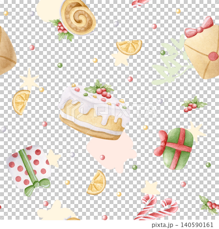 Watercolor Christmas desserts and presents seamless pattern on white. Candy cane, decorated cake, Yule log and dried orange background for New Year festive wrapping paper with holiday food and gifts Watercolor Christmas desserts and presents seamless pattern on white. Candy cane, decorated cake, Yule log and dried orange background for New Year festive wrapping paper with holiday food and gifts 140590161