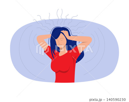 Girl experiences panic attack and clutches head, needing treatment from psychotherapist or psychologist Panic attack mental health concept vector Girl experiences panic attack and clutches head, needing treatment from psychotherapist or psychologist Panic attack mental health concept vector 140590230