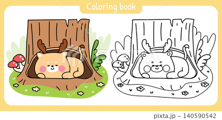 Coloring book.Cute deer smile sleep in cavity tree.Wild animal character cartoon design 140590542