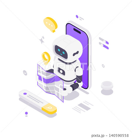 AI Robot For GPS Navigation And Mobile Search App Isometric Vector Illustration AI Robot For GPS Navigation And Mobile Search App Isometric Vector Illustration 140590558