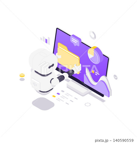 AI Robot For Data Analysis And File Management Isometric Vector Illustration 140590559