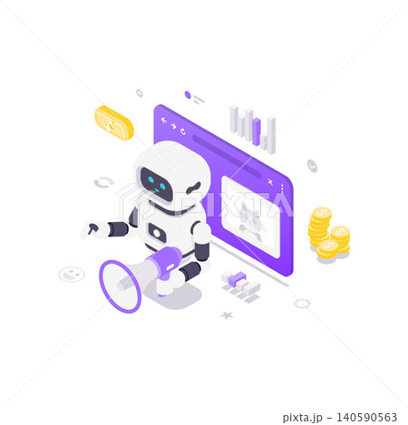 AI Robot For Content Promotion And Digital Marketing Isometric Vector Illustration AI Robot For Content Promotion And Digital Marketing Isometric Vector Illustration 140590563