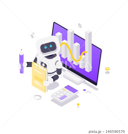 AI Robot For Business Data Analysis And Financial Reporting Isometric Vector Illustration AI Robot For Business Data Analysis And Financial Reporting Isometric Vector Illustration 140590570