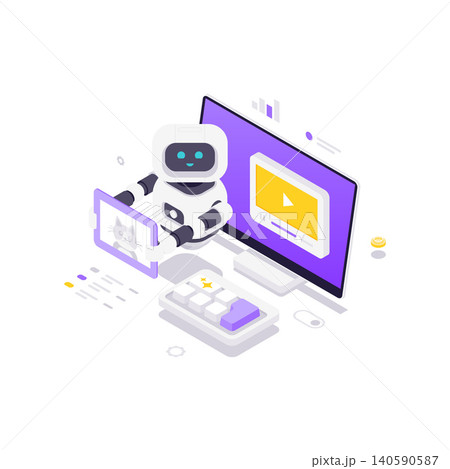 AI Robot Managing Digital Content And Video Marketing Isometric Vector Illustration AI Robot Managing Digital Content And Video Marketing Isometric Vector Illustration 140590587