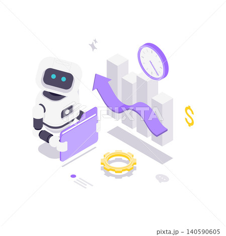 Robot Manages Time And Money For Business Growth Isometric Vector Illustration 140590605