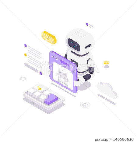 AI Robot And Social Media Feed With Cat Photo Isometric Vector Illustration AI Robot And Social Media Feed With Cat Photo Isometric Vector Illustration 140590630
