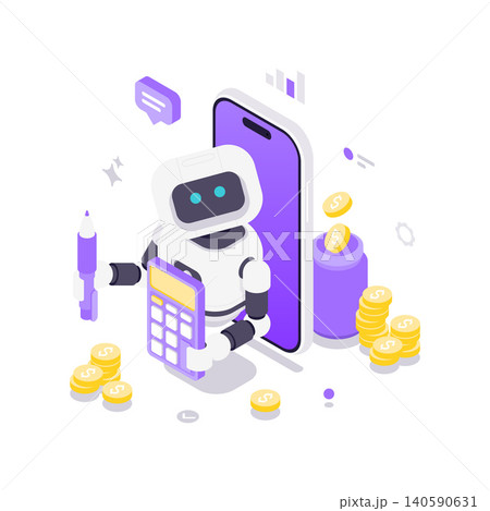 AI Robot For Financial Planning And Mobile Banking Isometric Vector Illustration AI Robot For Financial Planning And Mobile Banking Isometric Vector Illustration 140590631