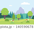Green Nature Landscape Illustration with Trees Hills and Mountain Scenery 140590678