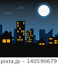 Night City Skyline Illustration with Full Moon and Urban Silhouette Scene 140590679