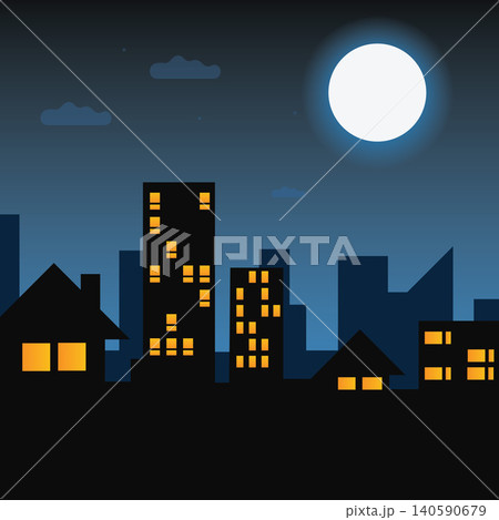 Night City Skyline Illustration with Full Moon and Urban Silhouette Scene 140590679