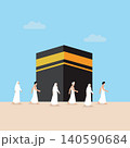 Hajj Pilgrimage Illustration with Kaaba and Muslim Worshippers in Mecca 140590684