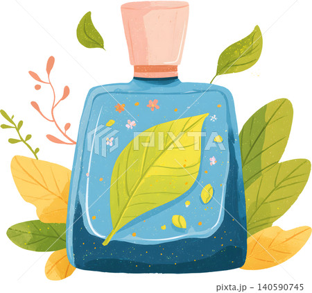 Perfume Bottle with Fresh Leaves Illustration Perfume Bottle with Fresh Leaves Illustration 140590745