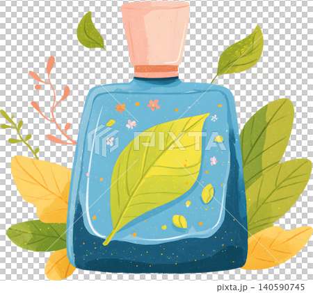 Perfume Bottle with Fresh Leaves Illustration Perfume Bottle with Fresh Leaves Illustration 140590745