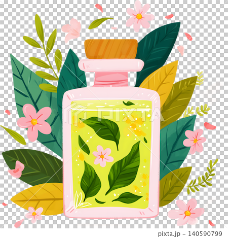Perfume Bottle with Fresh Leaves Illustration Perfume Bottle with Fresh Leaves Illustration 140590799