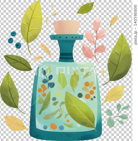 Perfume Bottle with Fresh Leaves Illustration Perfume Bottle with Fresh Leaves Illustration 140590800