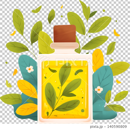 Perfume Bottle with Fresh Leaves Illustration Perfume Bottle with Fresh Leaves Illustration 140590809