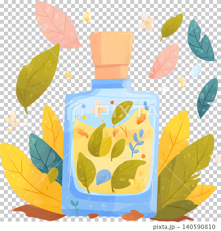 Perfume Bottle with Fresh Leaves Illustration Perfume Bottle with Fresh Leaves Illustration 140590810