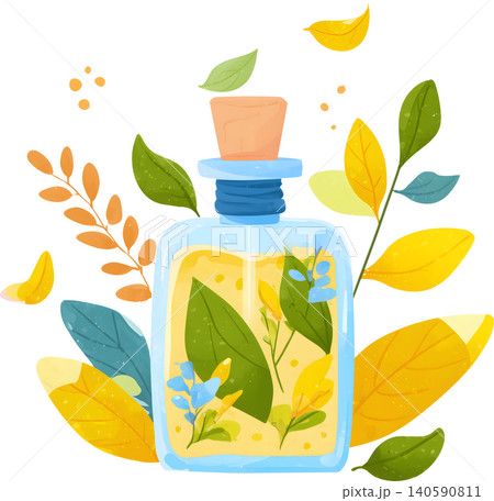 Perfume Bottle with Fresh Leaves Illustration Perfume Bottle with Fresh Leaves Illustration 140590811