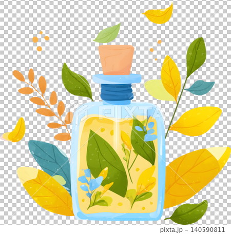Perfume Bottle with Fresh Leaves Illustration Perfume Bottle with Fresh Leaves Illustration 140590811