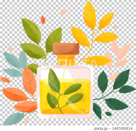 Perfume Bottle with Fresh Leaves Illustration Perfume Bottle with Fresh Leaves Illustration 140590814