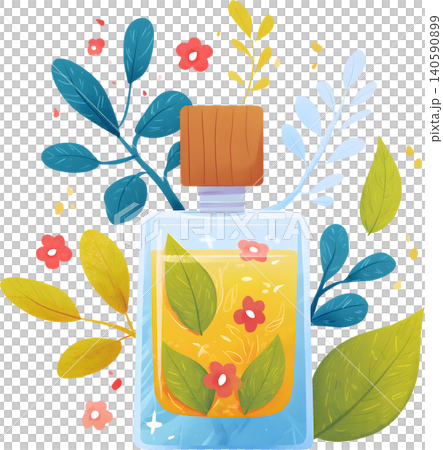 Perfume Bottle with Fresh Leaves Illustration Perfume Bottle with Fresh Leaves Illustration 140590899