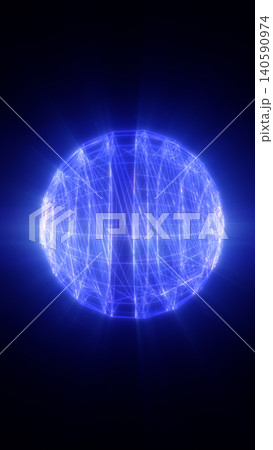 Futuristic blue wireframe sphere with glowing network lines, digital geometry, and technology data structure. 140590974