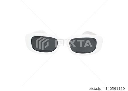 Close up photo of fashionable sunglasses with a thick white rectangular frame and dark lenses Close up photo of fashionable sunglasses with a thick white rectangular frame and dark lenses 140591160
