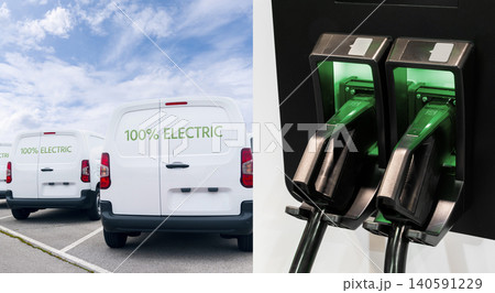 Electric vehicles charging station on a background of a row of vans. Green transportation concept. 140591229