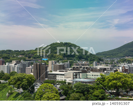 Beautiful cityscape of a town nestled at the foot of a green mountain under blue sky. Beautiful cityscape of a town nestled at the foot of a green mountain under blue sky. 140591307