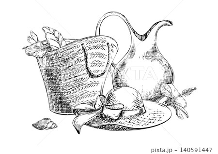 Mediterranean resort still life with straw hat basket and jug. Hand drawn black ink sketch with hibiscus flowers and seashell isolated on white for vacation travel magazine and boho decor 140591447