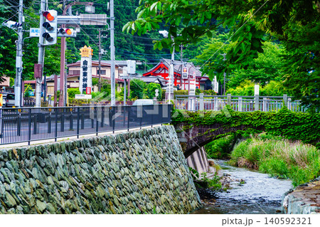 国道20号線から高尾山ケーブルカー駅へ続く橋が見える風景 国道20号線から高尾山ケーブルカー駅へ続く橋が見える風景 140592321