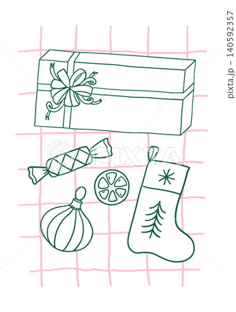 Christmas card with gift box, stocking, candy Christmas card with gift box, stocking, candy 140592357