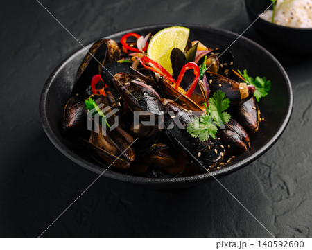Mussels cooking with lime, chili, and cilantro Mussels cooking with lime, chili, and cilantro 140592600