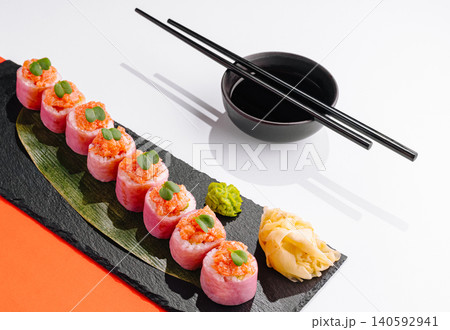 Sushi rolls with salmon, wasabi, ginger, soy sauce 140592941