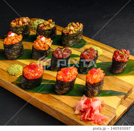 Assorted gunkan sushi set on wooden board Assorted gunkan sushi set on wooden board 140593097