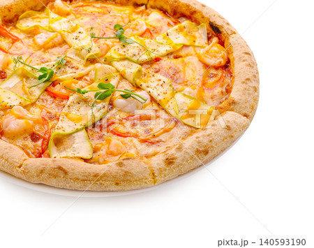 Delicious shrimp and zucchini pizza with cheese and sprout garnish Delicious shrimp and zucchini pizza with cheese and sprout garnish 140593190