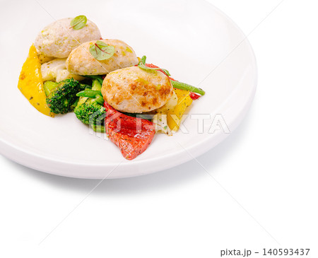 Steam chicken cutlets with warm vegetable salad Steam chicken cutlets with warm vegetable salad 140593437