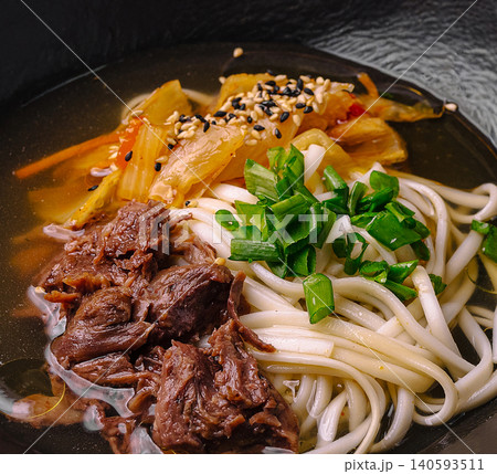 Closeup Of Asian Beef Noodle Soup With Kimchi Closeup Of Asian Beef Noodle Soup With Kimchi 140593511