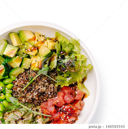 Healthy bowl with quinoa, fresh vegetables, and tuna on a white background 140593543
