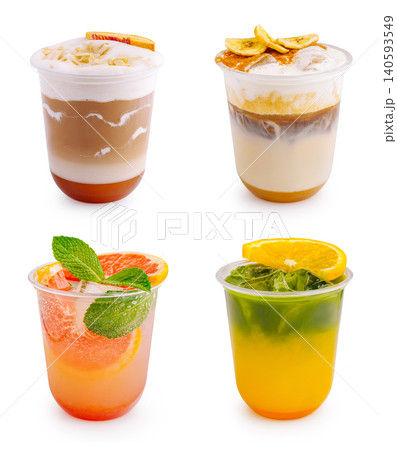 Different types of drinks in clear cups arranged in a grid on a white background 140593549