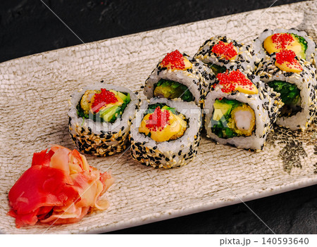 Gourmet Tempura Shrimp Sushi Rolls With Sesame Seeds Gourmet Tempura Shrimp Sushi Rolls With Sesame Seeds 140593640