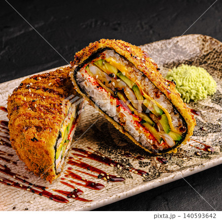 Crispy Deep Fried Sushi Burger Halves With Eel Crispy Deep Fried Sushi Burger Halves With Eel 140593642