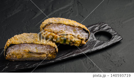 Fried Tempura Sushi Burger Cut In Half Fried Tempura Sushi Burger Cut In Half 140593719