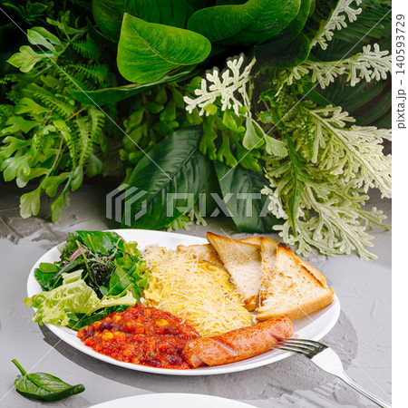 Hearty Breakfast Omelet With Sausage And Toast Hearty Breakfast Omelet With Sausage And Toast 140593729