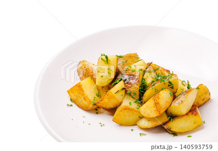 Simple roasted potatoes prepared with fresh herbs on a white plate Simple roasted potatoes prepared with fresh herbs on a white plate 140593759