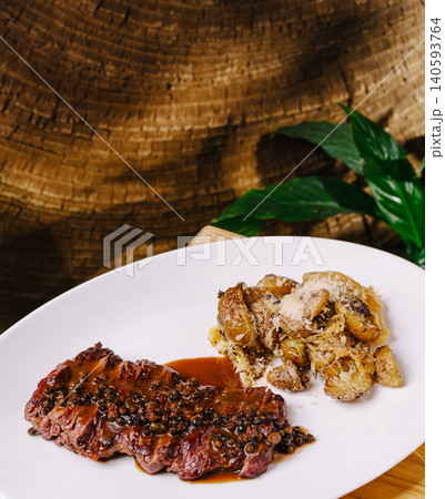 Juicy steak dish with sides served on a white plate in a restaurant setting 140593764
